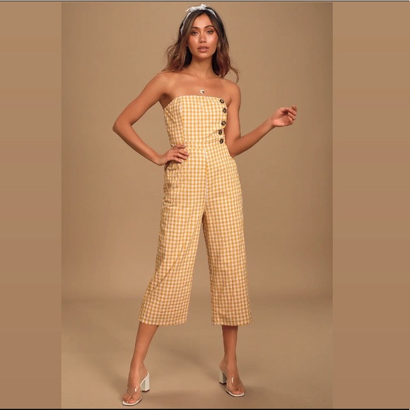 Lulus Skyline Mustard Yellow Gingham Strapless Culotte Jumpsuit - Picture 2 of 10